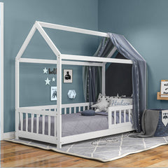 House-Shaped Kids Bed Frame with Safety Fence, Solid Pine Wood Single Bed Frame for Kids Boys and Girls