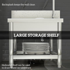 Outdoor Utility Sink, Stainless Steel Free Standing Single Bowl Kitchen Sink with Cold and Hot Water Pipe and Storage Shelf for Laundry Garage, 55 x 50 x 100 cm