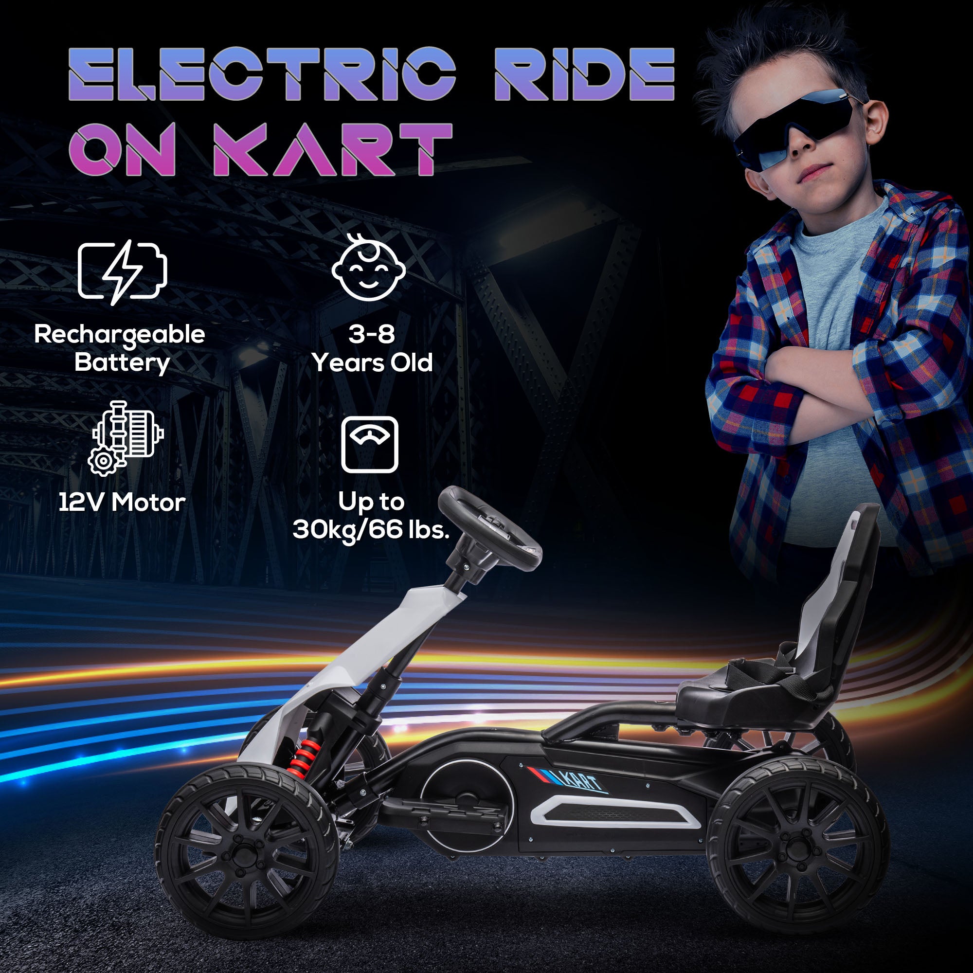 12V Electric Go-Kart for Kids, Ride-On Racing Go-Kart, with Forward and Reversing Functions, for Ages 3-8 Years - White