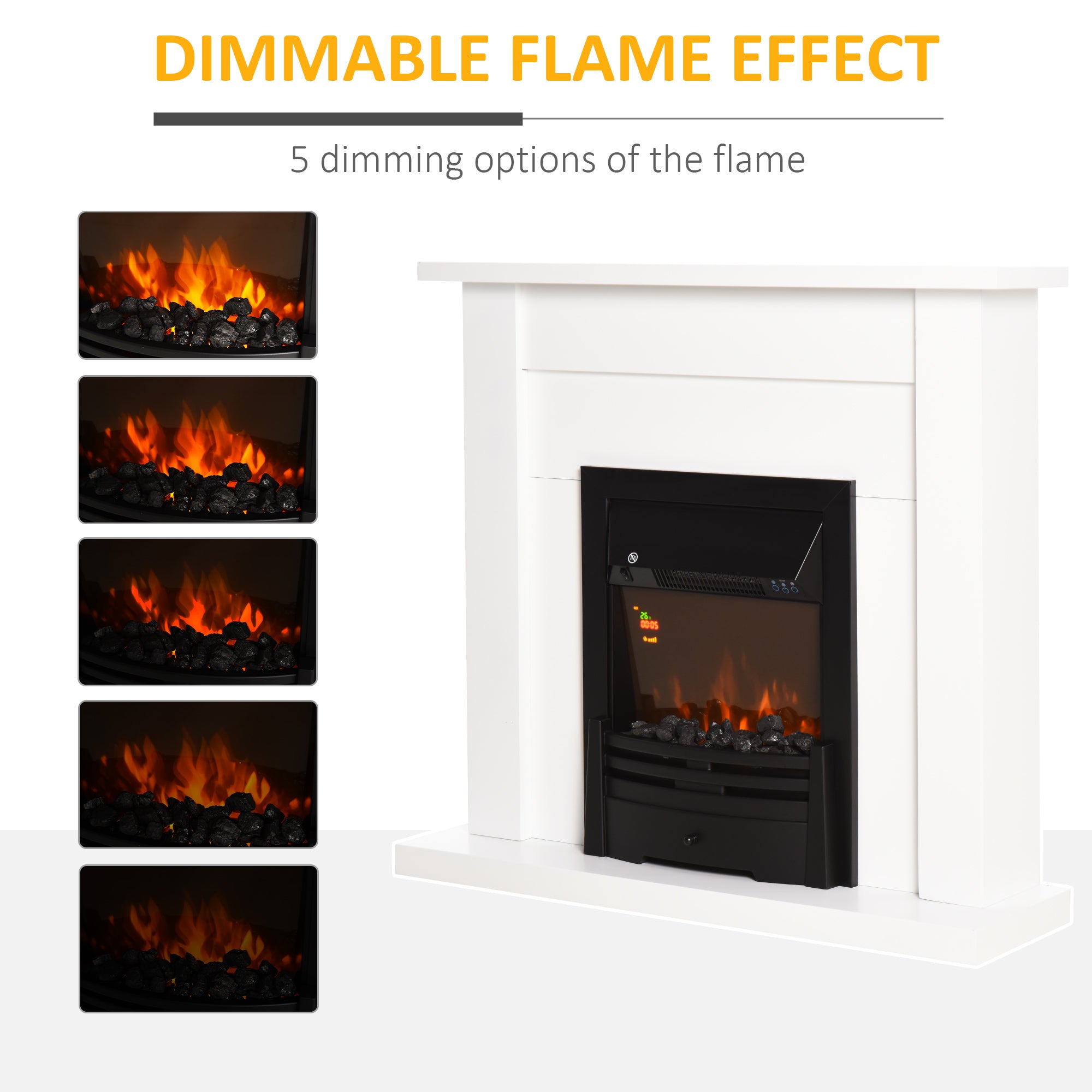 Fynco - Electric Firplace Suites & Mantelpiece w/LED Flames Remote Marble Stone Modern Curved Surround Intelligent Safe Tempered Glass Adjustable Thermal 1000W/2000W