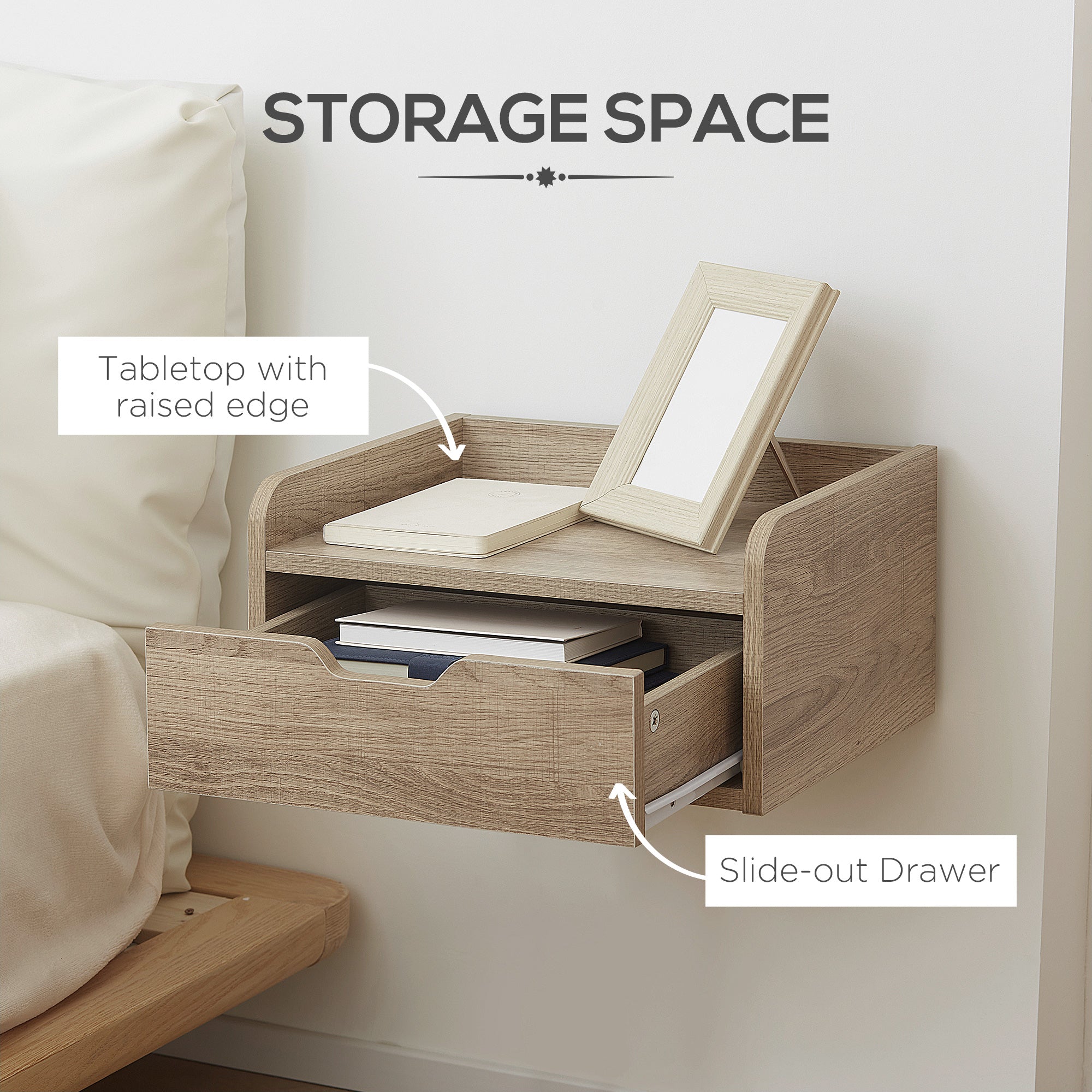 Floating Nightstand Set of 2 Wall Mounted Bedside Table with Storage Drawer for Bedroom, Natural