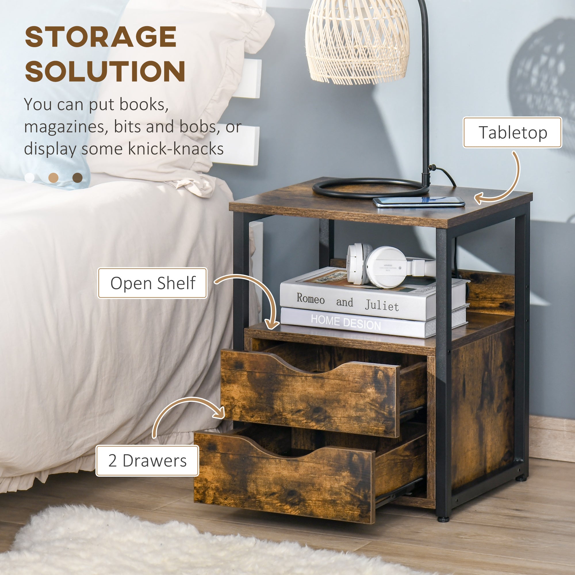 Industrial Side Table Set of 2, Sofa Table with Drawer, Bedside Cabinet with Storage Shelf, Slim Nightstand for Living Room, Bedroom, Rustic Brown