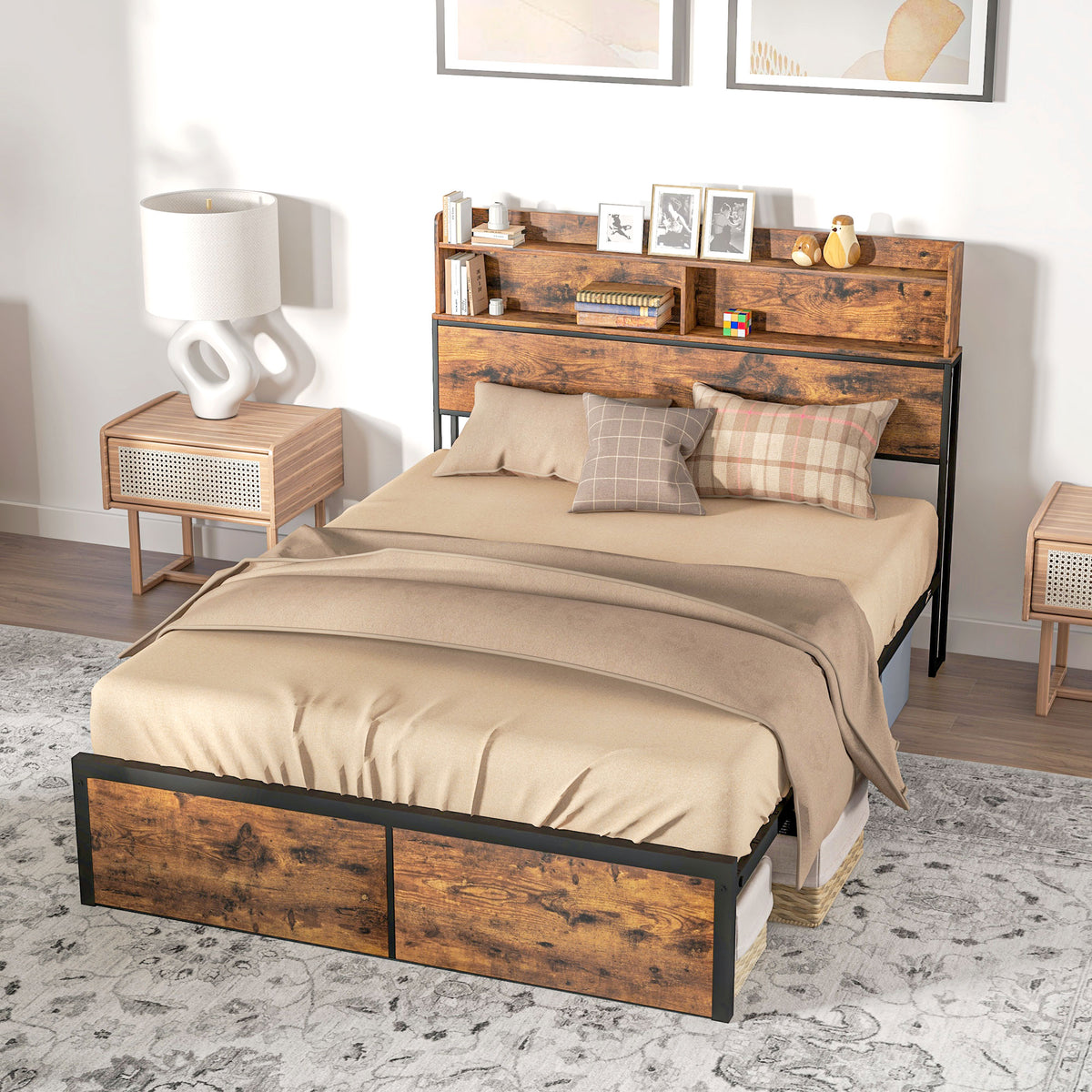 Industrial Double Bed Frame, 4.6FT Steel Bed Base with Storage Headboard, Footboard, Slatted Support and Under Bed Storage, 141 x 207cm, Rustic Brown