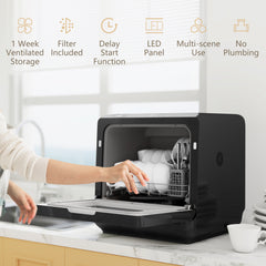 Fynco - Table Top Dishwasher with Built-in 6L Water Tank, Mini Countertop Dishwasher with 6 Programs, 4 Place Settings, Black