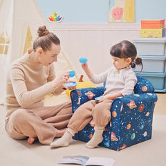 Kids Planet-Themed Armchair, with Non-Slip Feet, Wooden Frame - Blue