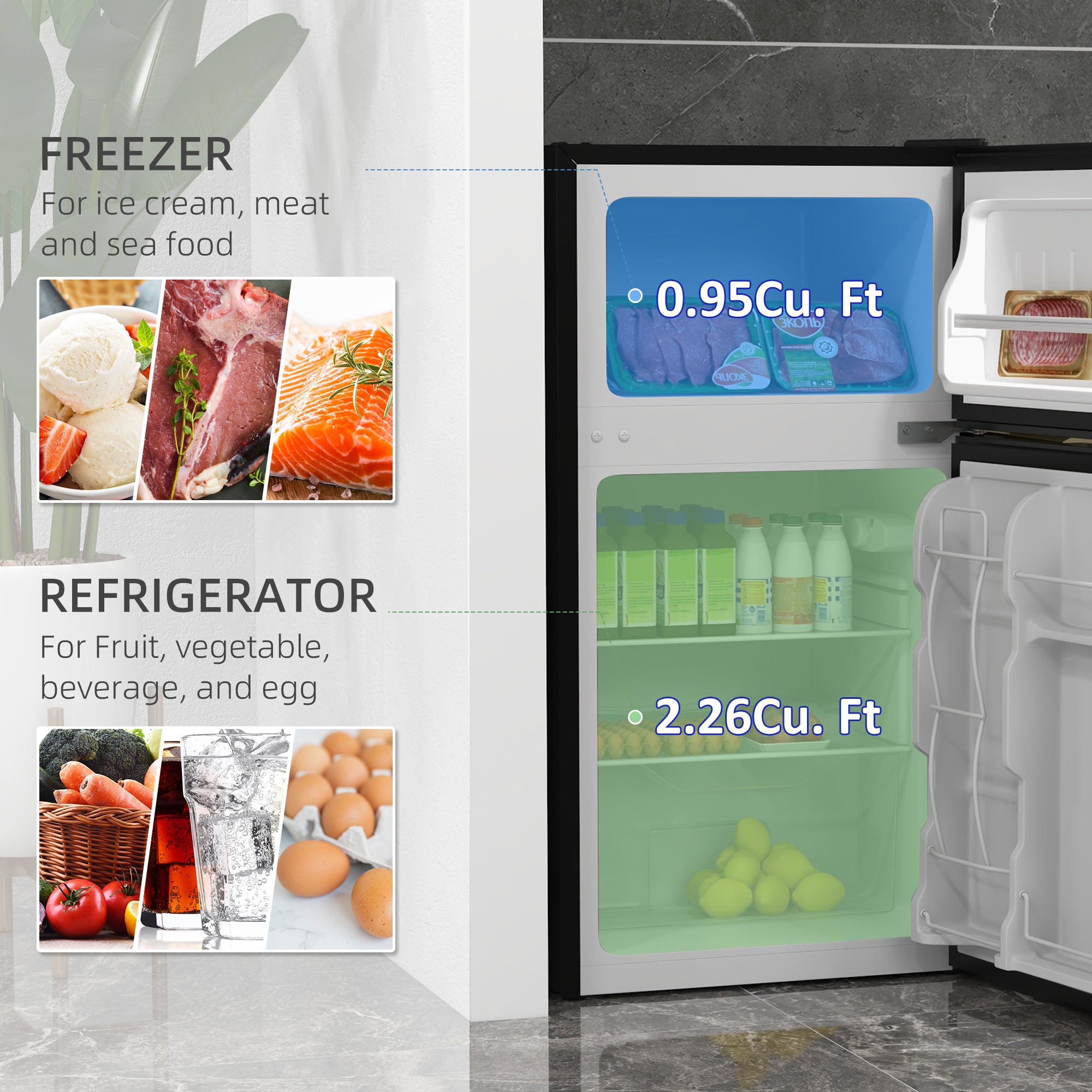 Fynco - 88L Under Counter Fridge Freezer, Small Refrigerator with 5-Setting, 3 Star Freezer Rating, Black and Silver Tone