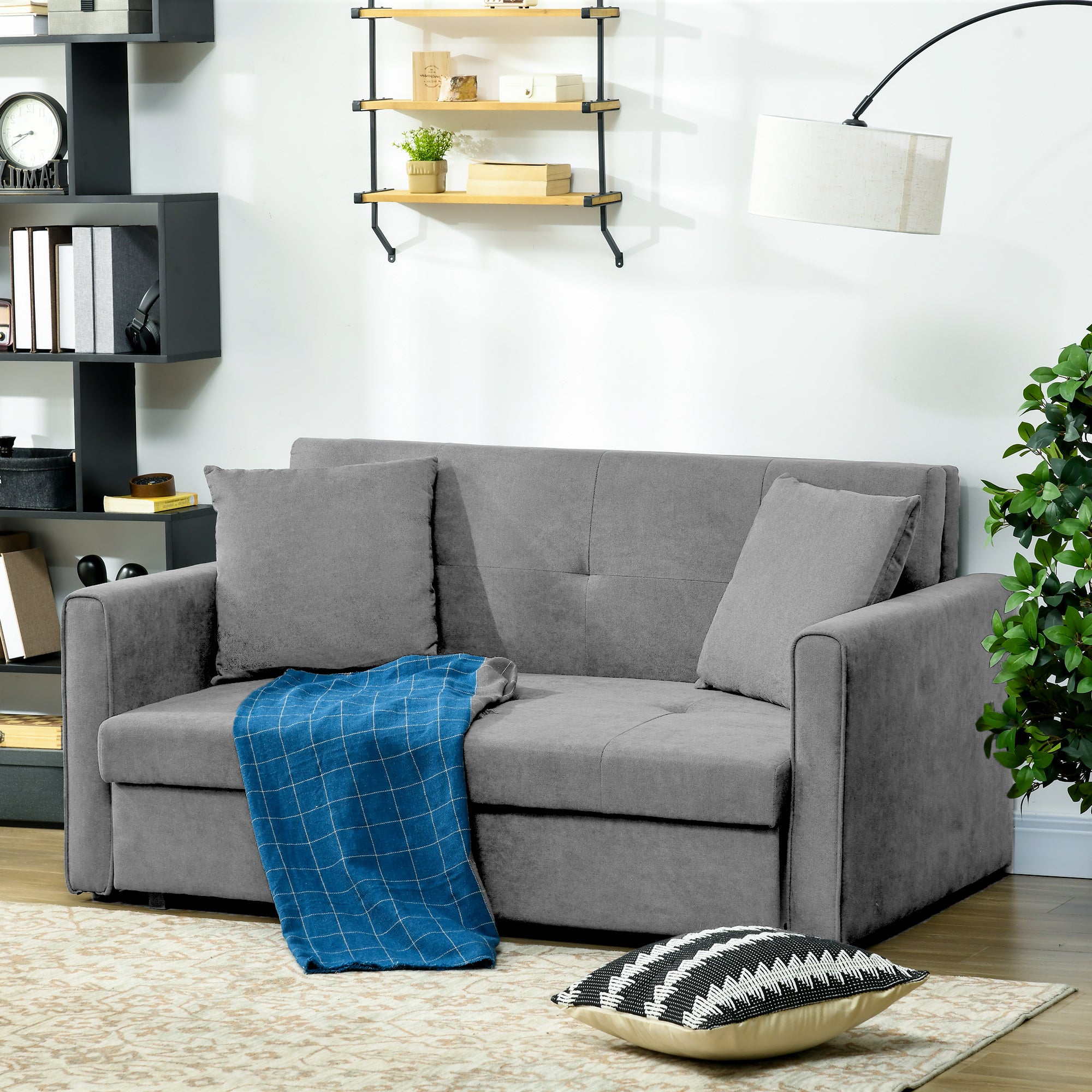 2 Seater Sofa Bed, Convertible Bed Settee, Modern Velvet Loveseat Sofa Couch with 2 Cushions, Hidden Storage for Living Room, Guest Room, Grey