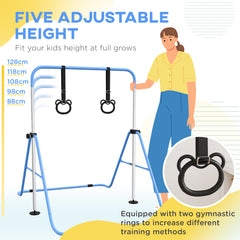 Adjustable Height, Foldable Kids Gymnastics Bar w/ Non-slip Rubber Floor Rings, for 3+ Years, Blue