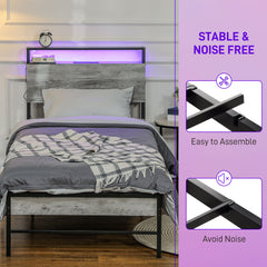 Single Steel Bed Frame, with LED Lights and Headboard Shelf - Grey