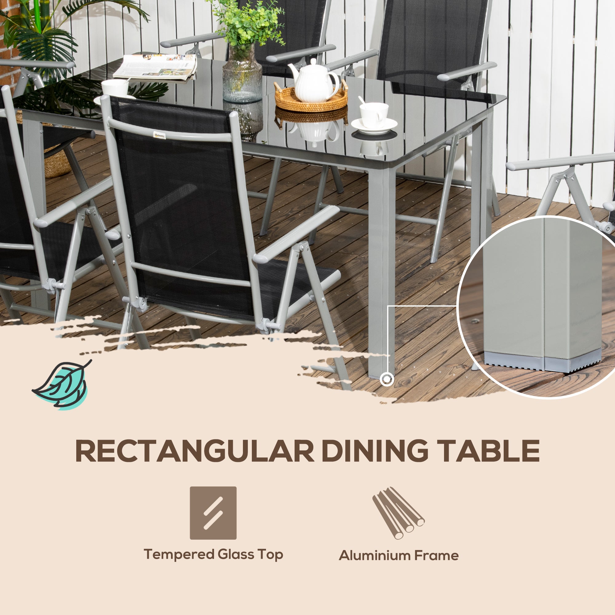 7 Piece Garden Dining Set, Outdoor Table and 6 Folding and Reclining Chairs, Aluminium Frame, Tempered Glass Top Table, Texteline Seats, Black