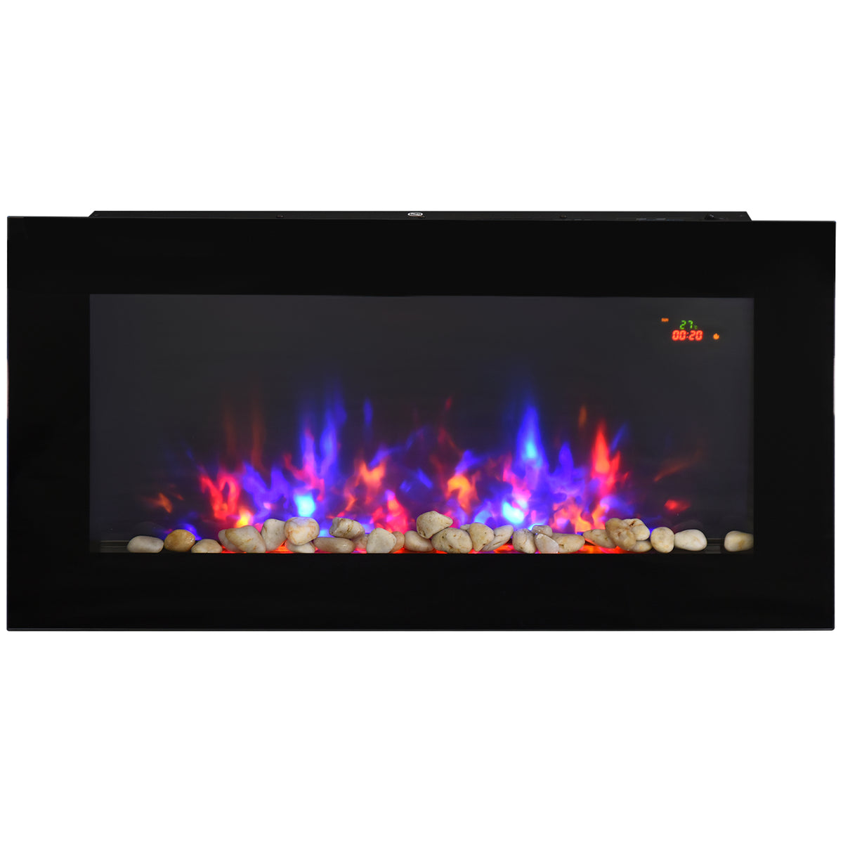 Fynco - LED Wall Mounted Fireplace Curved Glass Electric Fire Place for Living Room, 1000W/2000W, 48H x 90.8W x 11.5Dcm, Black