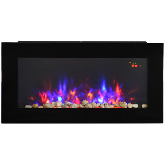 Fynco - LED Wall Mounted Fireplace Curved Glass Electric Fire Place for Living Room, 1000W/2000W, 48H x 90.8W x 11.5Dcm, Black