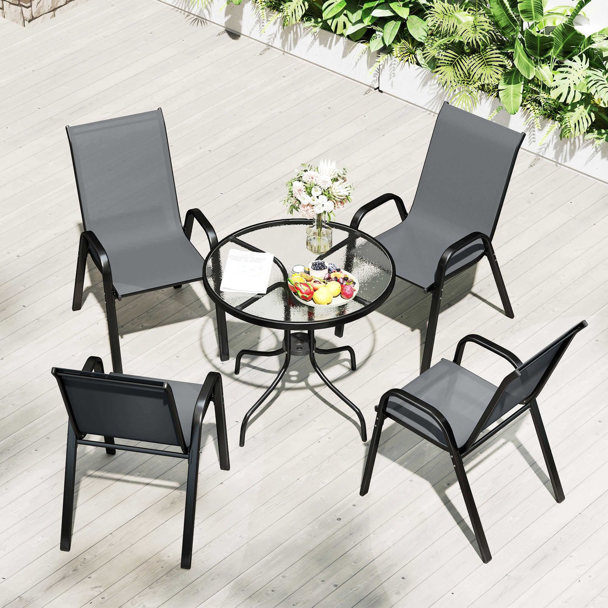 Five-Piece Steel Patio Set, with Glass-Top Table - Dark Grey