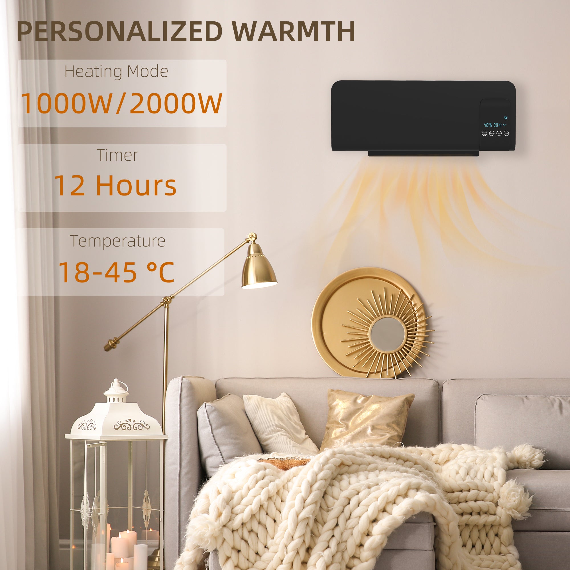 Fynco - 2000W Wall Mounted Heater, 18-45°C Temperature, Black