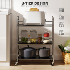 Fynco - 3 Tier Stainless Steel Kitchen Storage Trolley with Adjustable Shelf - Silver