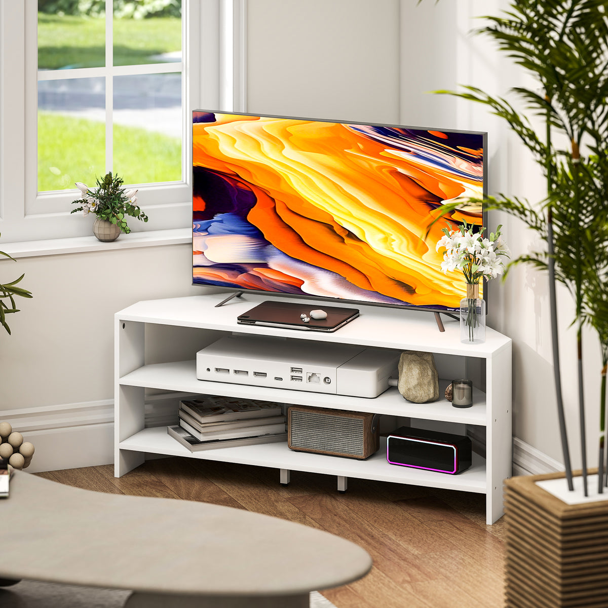 Corner TV Stand with 2 Open Shelves for 47 Inch TV - White