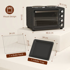 28L Mini Oven with 2 Hot Plates, Countertop Toaster Oven, Grill, Roast, Bake, Boil, with Timer, Adjustable Temperature, Electric Oven with Baking Tray, Grill Rack, Crumb Tray, 2600W, Black