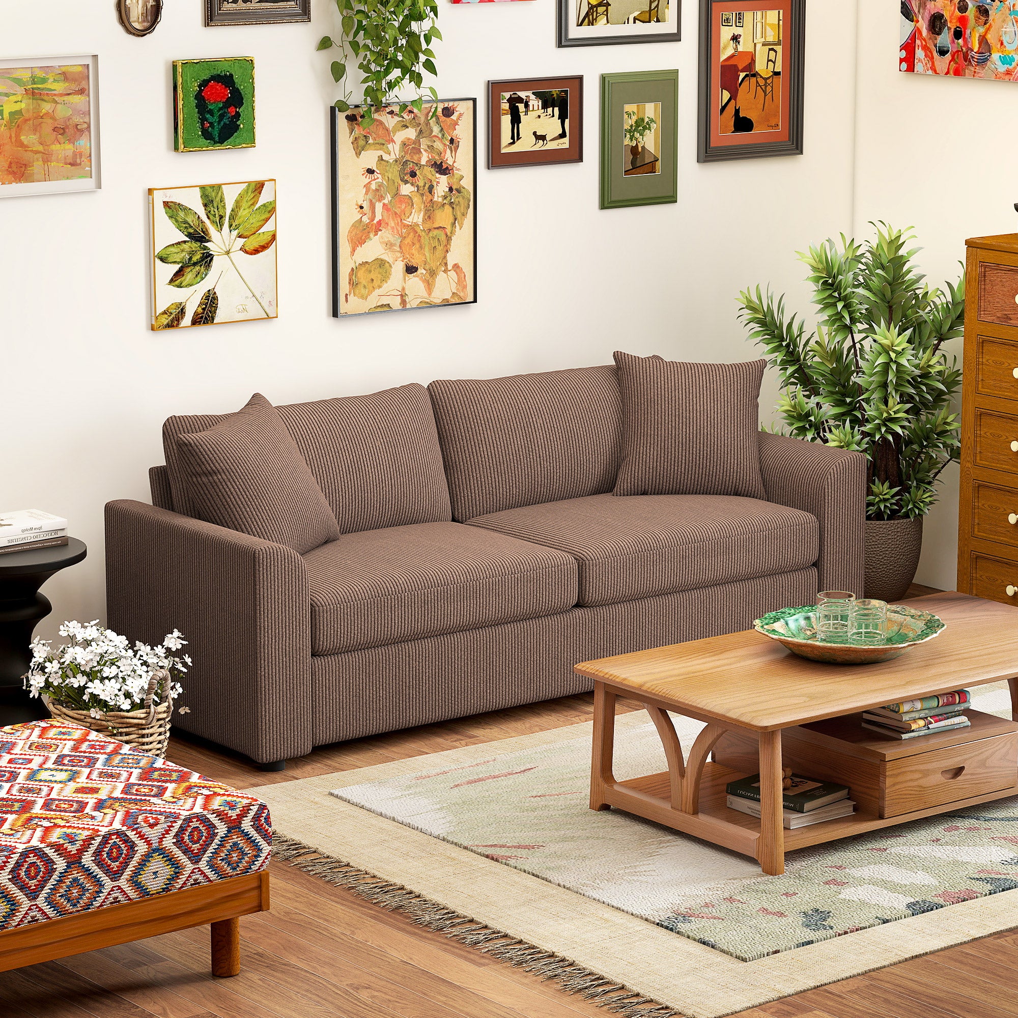 Modern 3 Seater Sofa with Spring Cushion, 212 cm Fabric Jumbo Cord Sofa Couch with 2 Scatter Cushions, Upholstered Corduroy Settee for Living Room, Bedroom, Home Office, Coffee