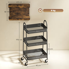Fynco - 3-Tier Kitchen Storage Trolley with on Wheels Cover Top Board - Rustic Brown and Black