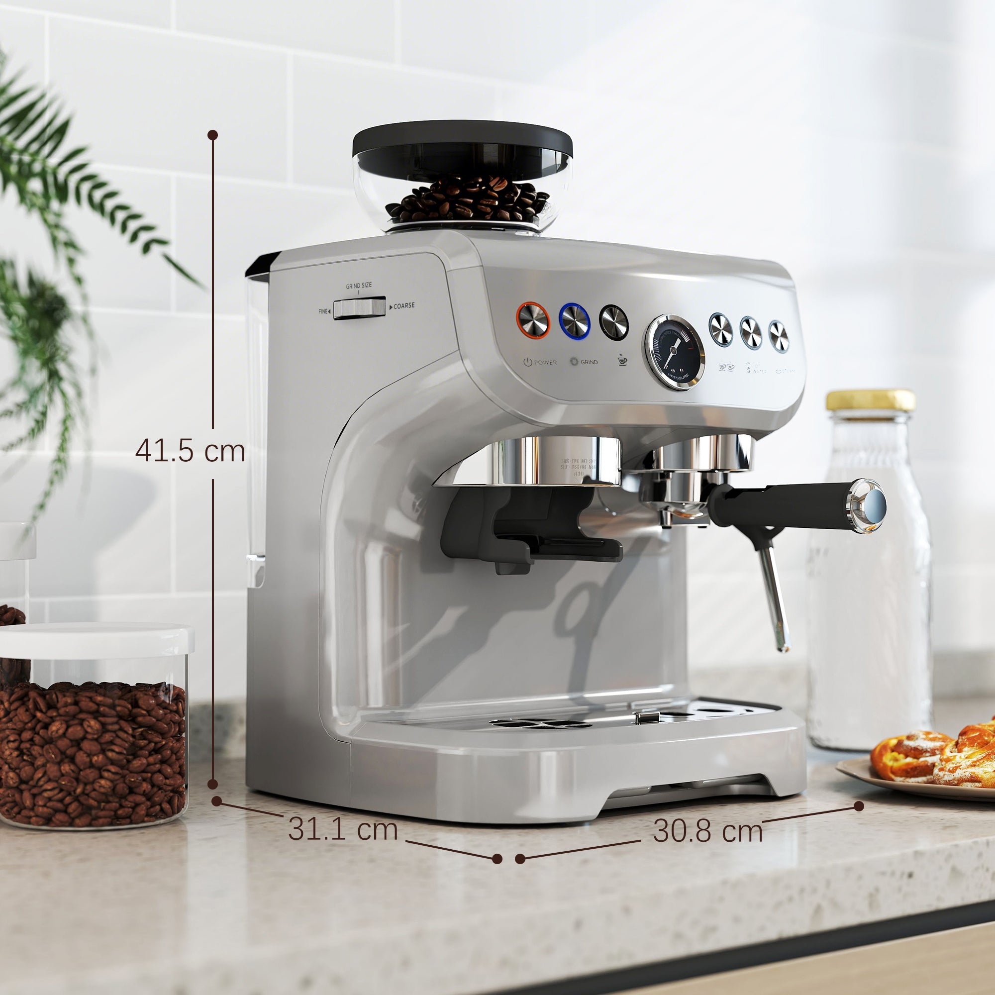 15 Bar Coffee Machine, with Adjustable Grind, Steamer and Accessories - Silver Colour