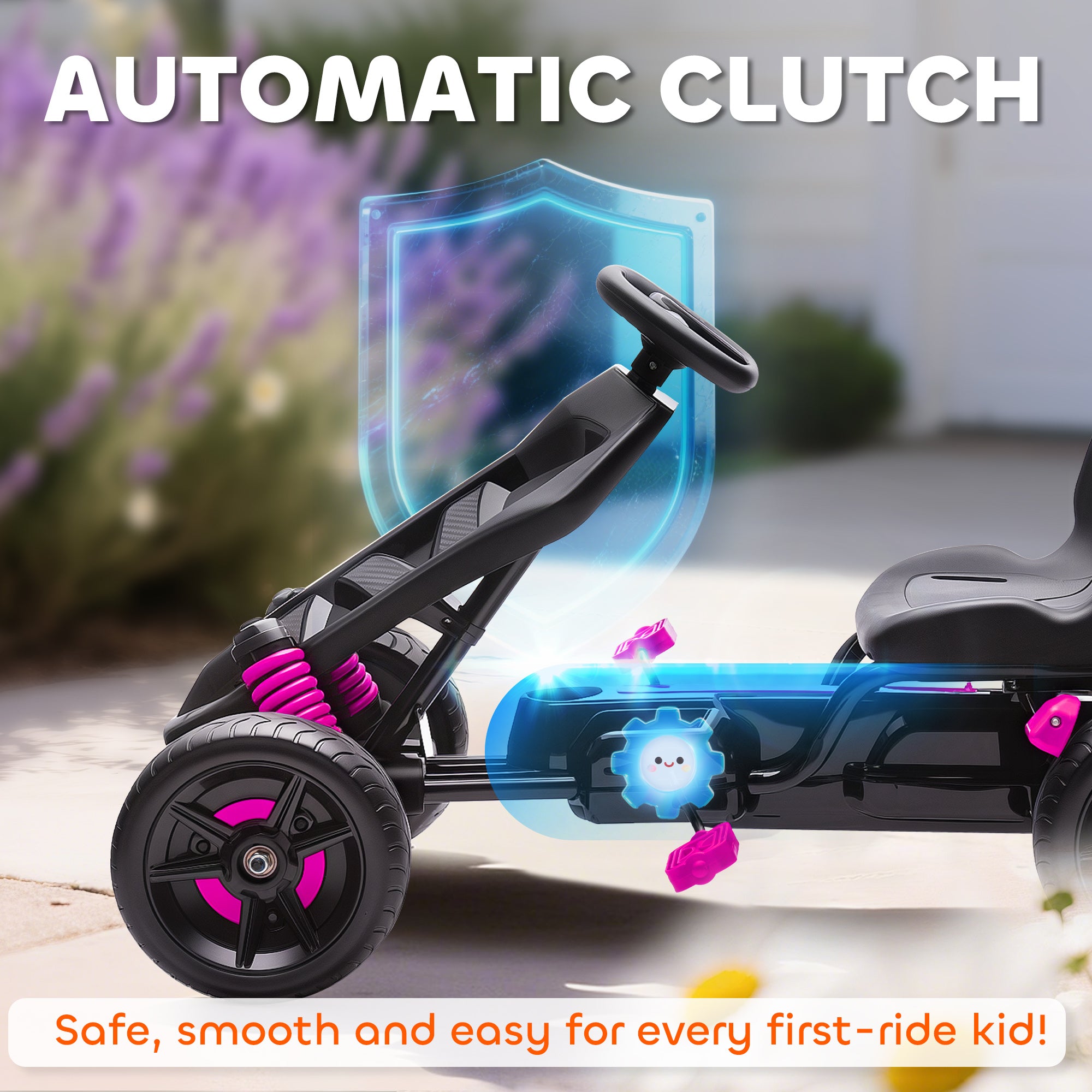 AIYAPLAY Pedal Go kart for Kids Ages 3-6 Years, with Automatic Clutch, Brake, EVA Anti-Slip Wheels, Pink