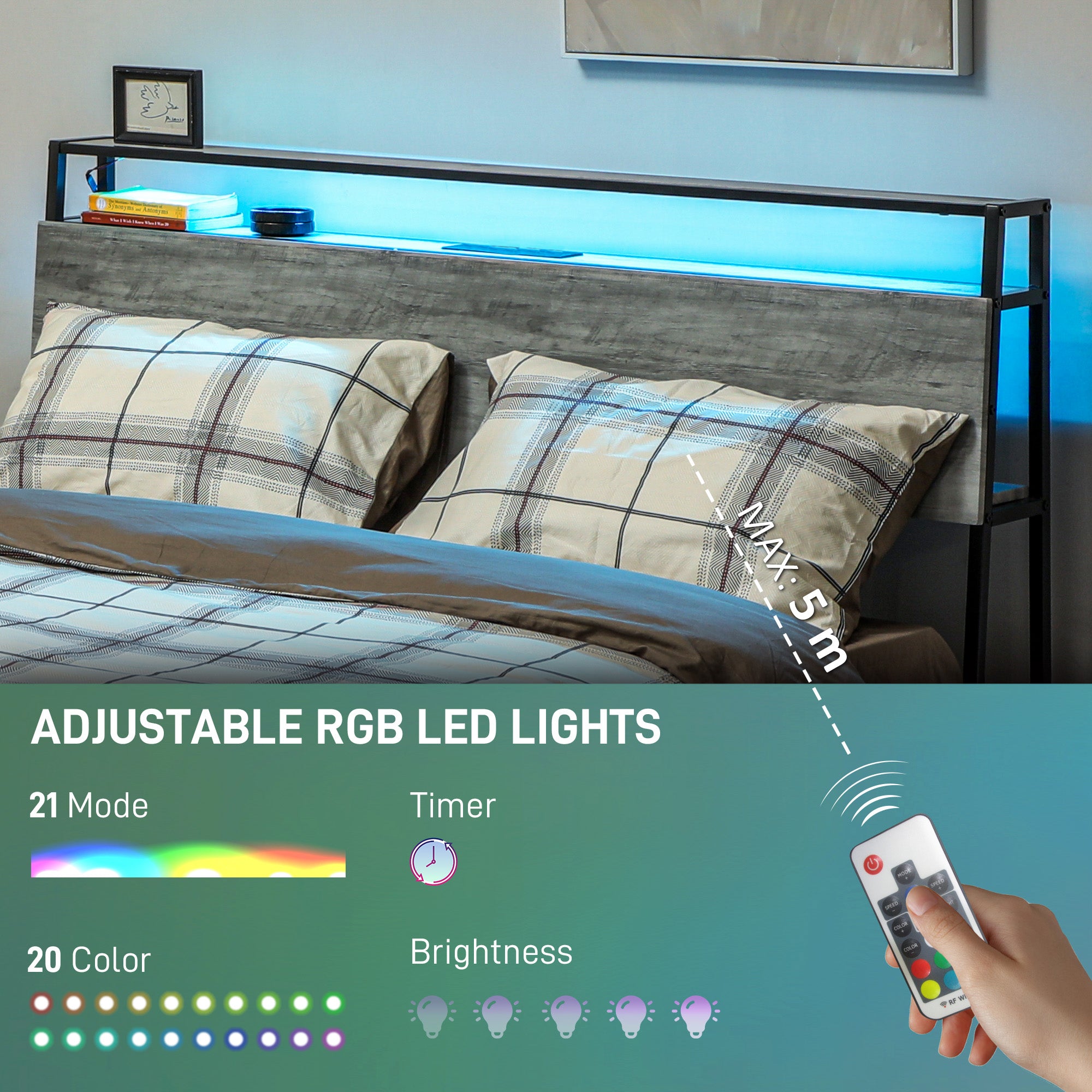Double Steel Bed Frame, with LED Lights and Headboard Shelf - Grey