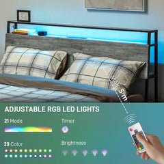 Double Steel Bed Frame, with LED Lights and Headboard Shelf - Grey