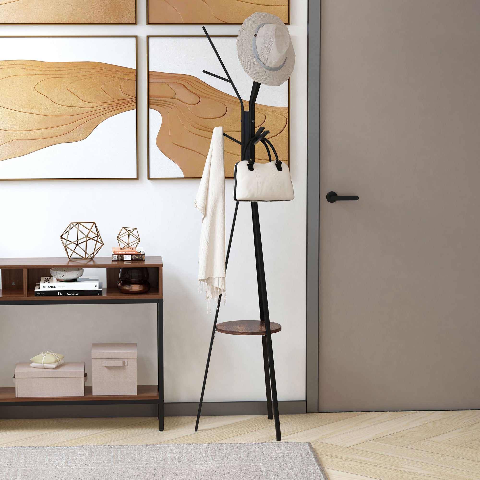 Freestanding Metal Coat Rack Stand 9 Hooks Clothes Tree with 1 Shelf Hat Display Hall Tree Hanger Bag Umbrella Hanging Organiser Brown