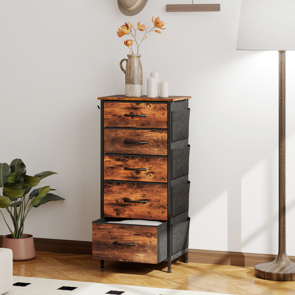 Chest of Five Fabric Drawers - Rustic Brown