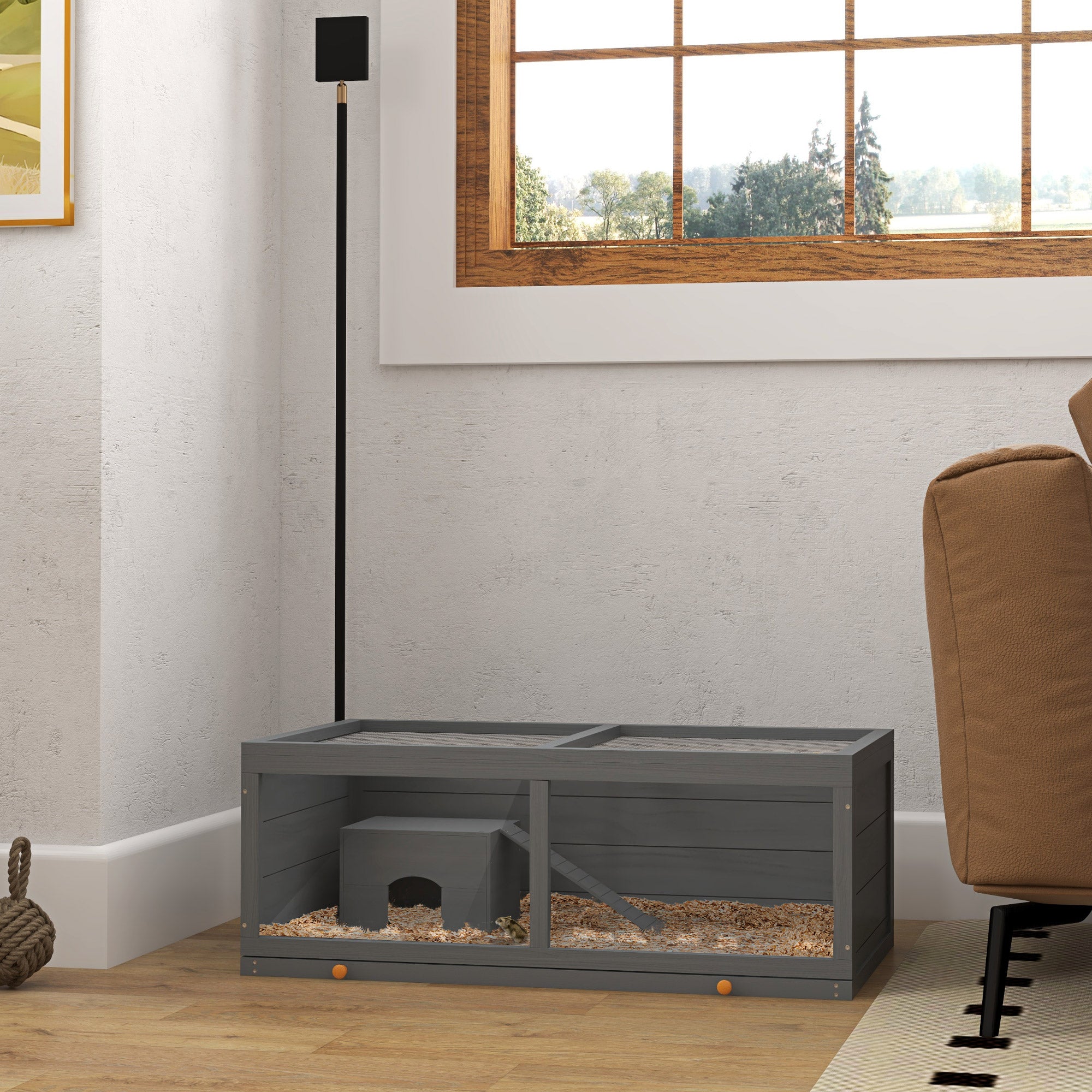 Wooden Hamster Cage with Sliding Tray, Openable Top, Hut for Syrian Hamster, Grey