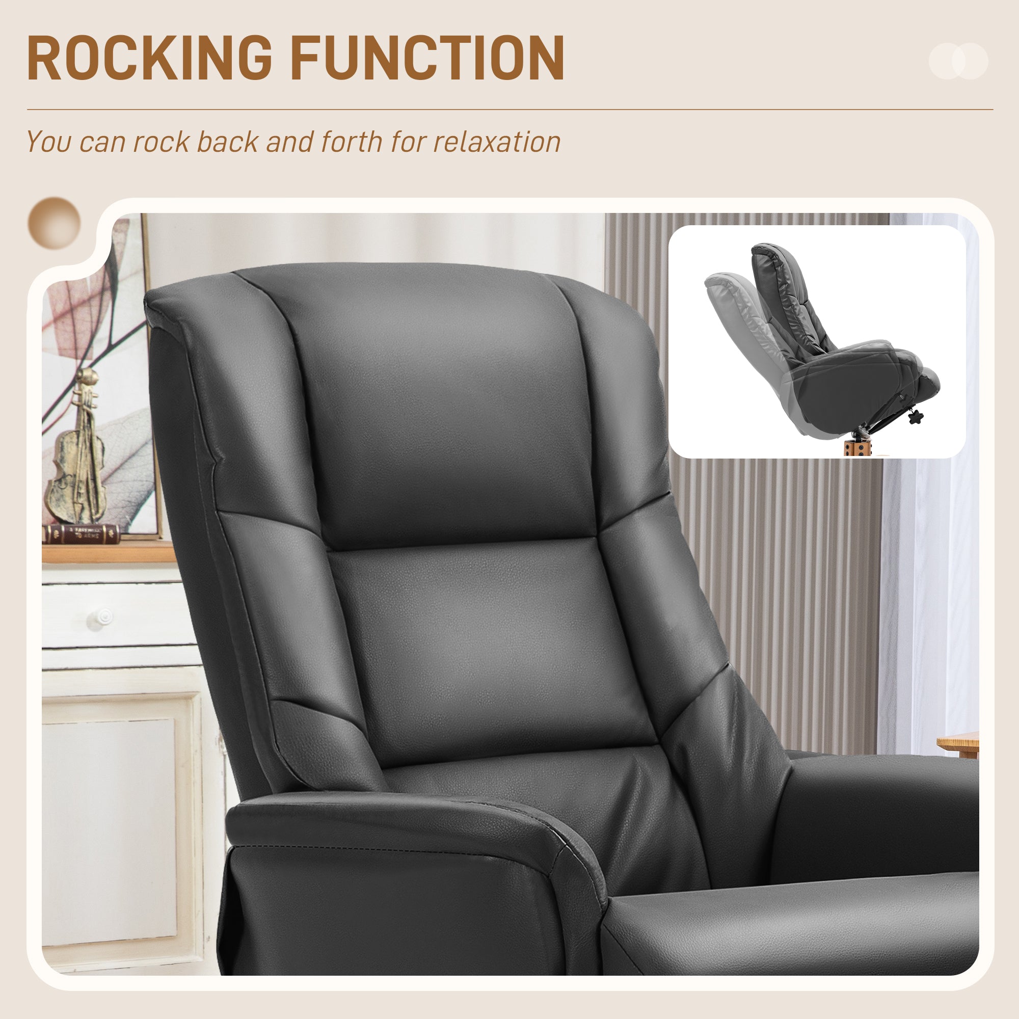 Fynco - Rocking Recliner Chair with Footstool, PU Leather Recliner Armchair with Wood Base, Upholstered Reclining Chair for Living Room Bedroom, Black