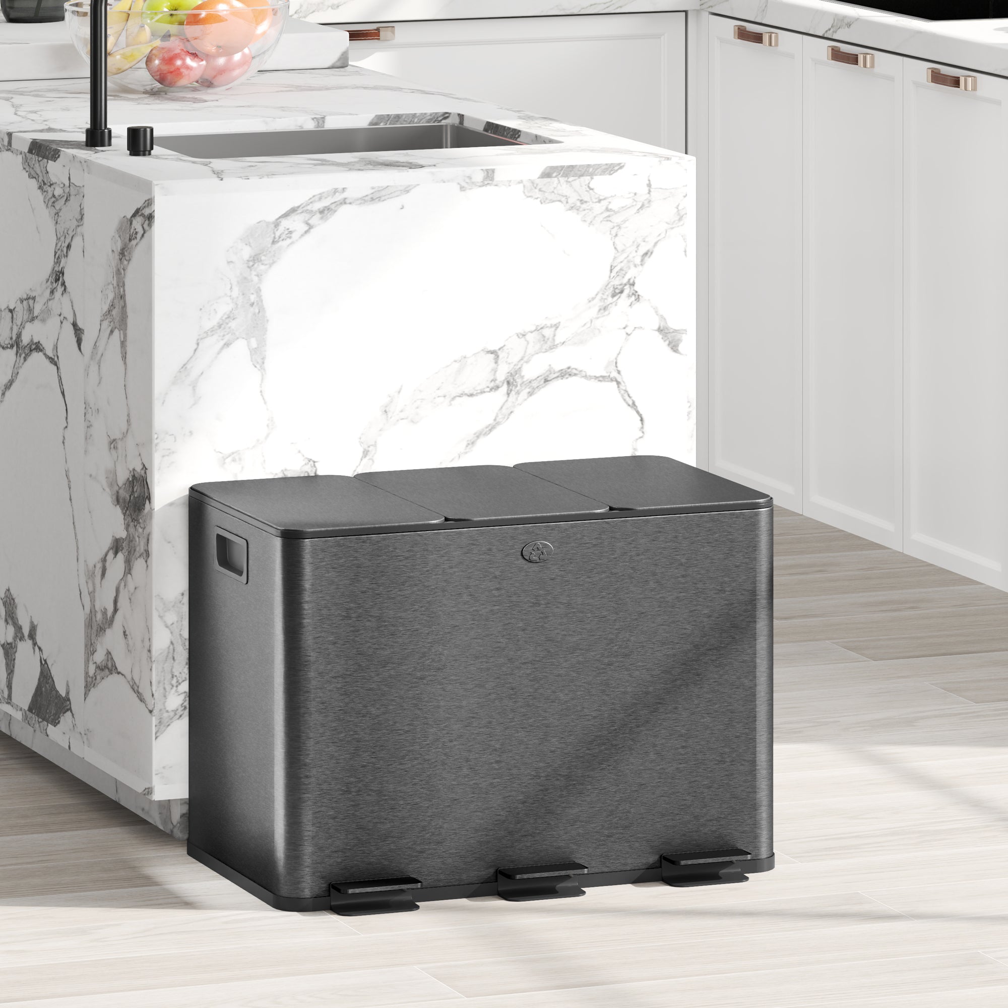 Fynco - 3 x 20L Pedal Bin, Steel Triple Kitchen Bin with Soft Close Lid, Removable Inner Buckets, Fingerprint-Proof, Black