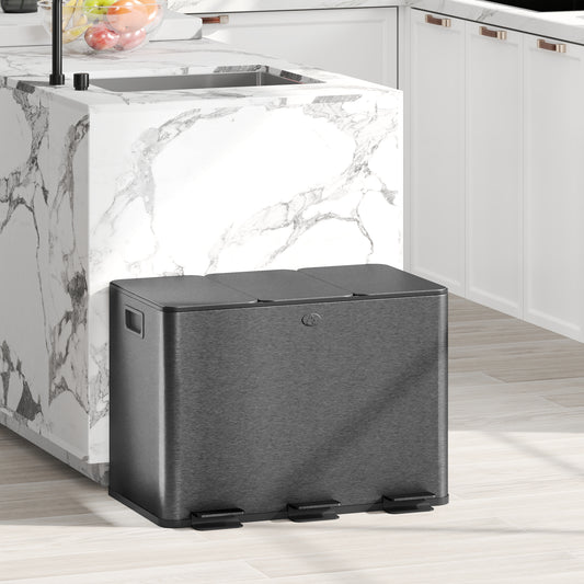 Fynco - 3 x 20L Pedal Bin, Steel Triple Kitchen Bin with Soft Close Lid, Removable Inner Buckets, Fingerprint-Proof, Black