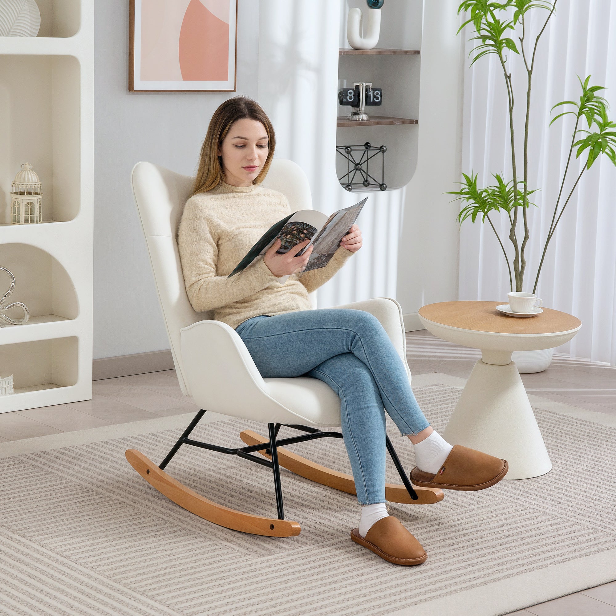 Rocking Chair, Modern Upholstered Velvet Armchair with Solid Wood Legs and Metal Frame for Living Room, Bedroom, Cream