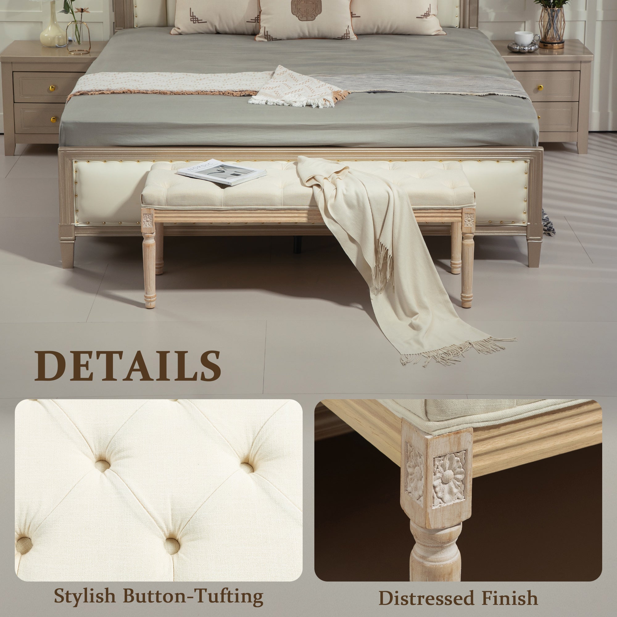Vintage Wooden Bed End Bench - Cream White