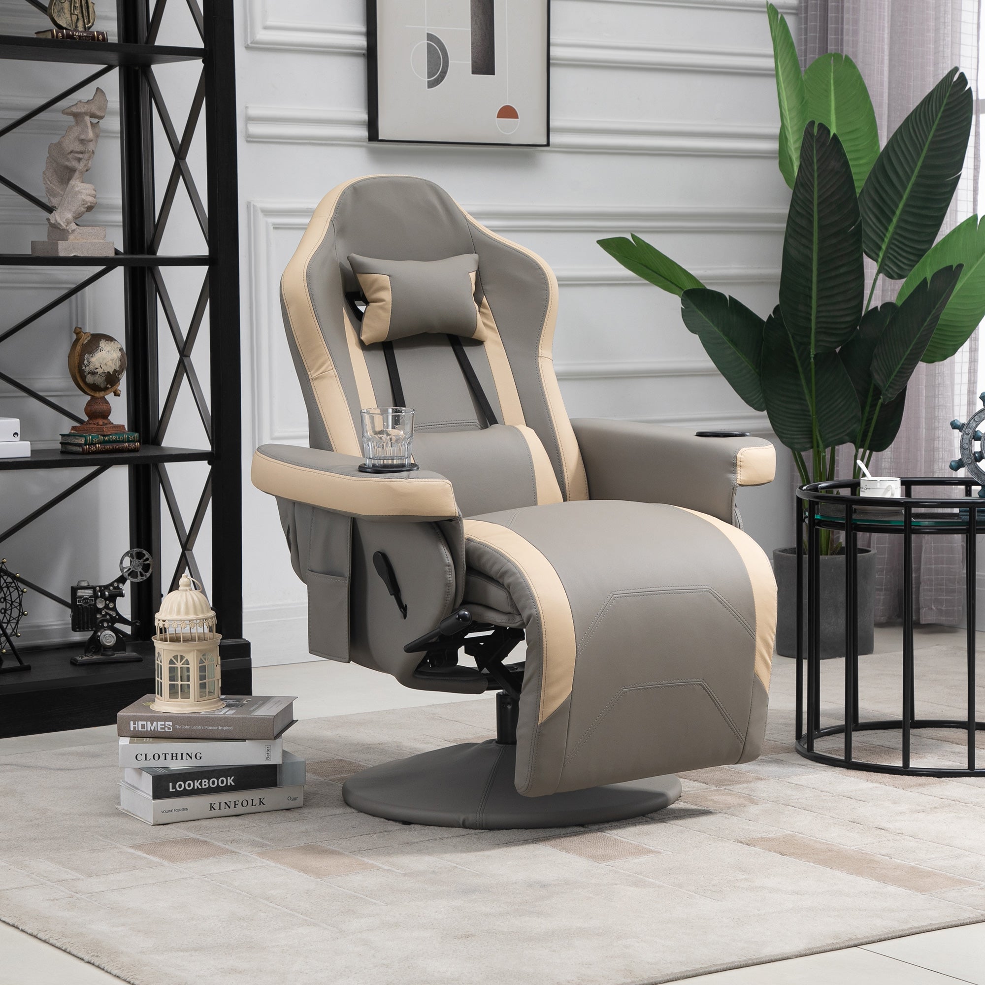 Manual Recliner Armchair PU Leather Lounge Chair w/ Adjustable Leg Rest, 135° Reclining Function, 360° Swivel, Grey