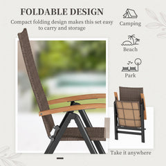 Folding Rattan Garden Dining Chair with 5-level Reclining High Back, Wood Armrests for Outdoor, Patio - Brown