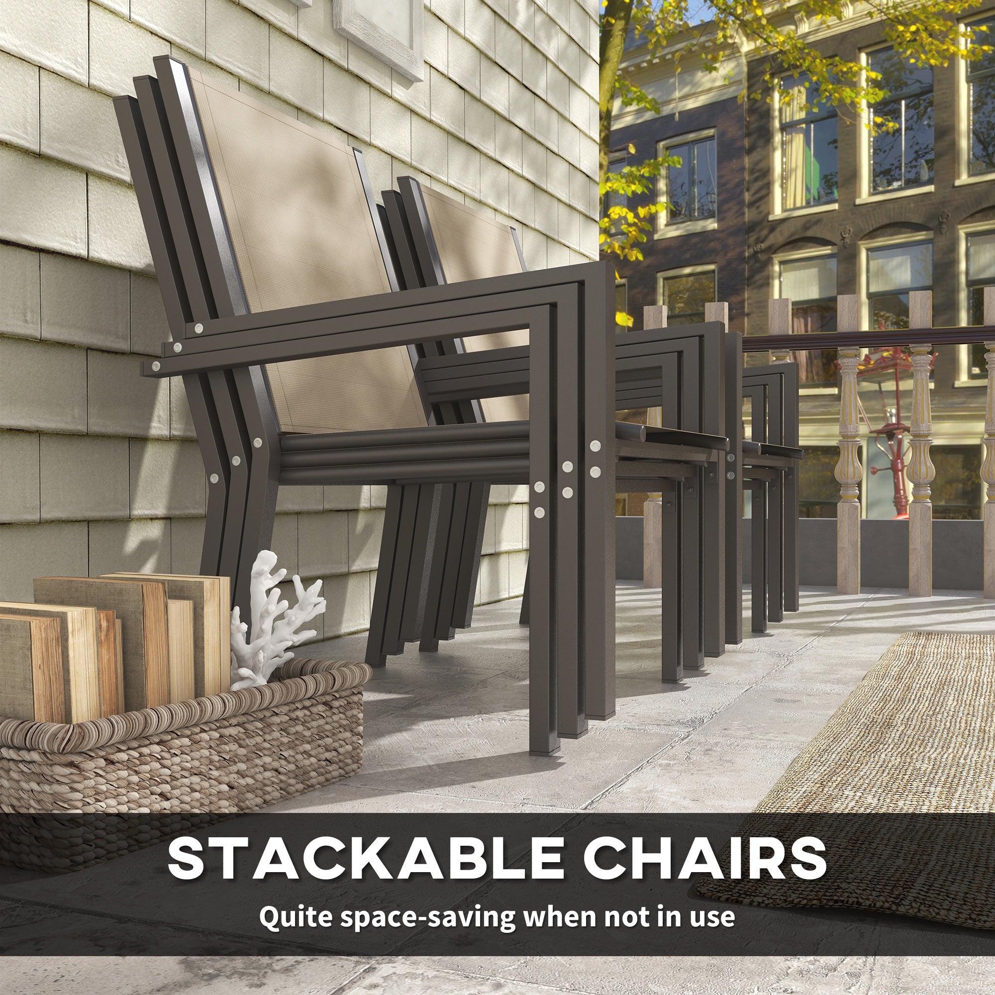 Seven-Piece Garden Dining Set, with Plastic Wood-Top Table - Brown