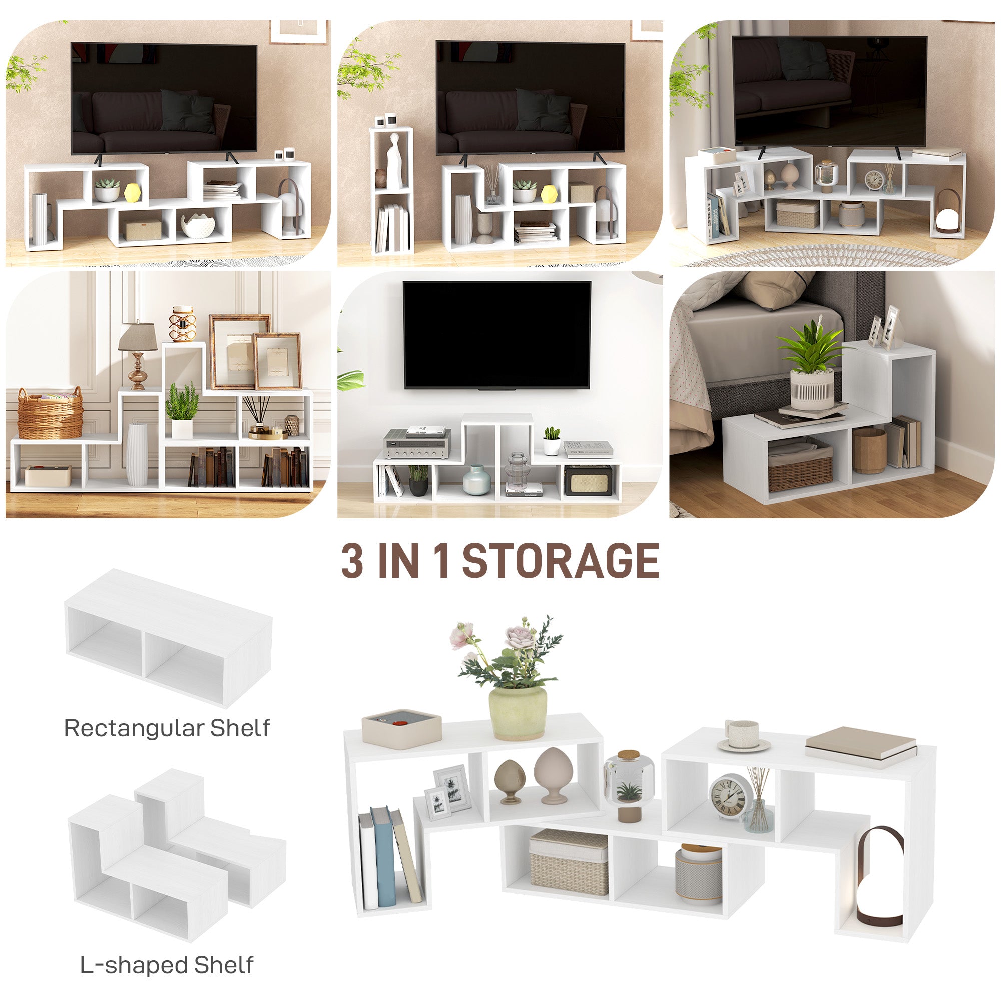 TV Stand for TVs up to 75 Inches, Free Combination TV Unit with Storage Shelves, Extendable Entertainment Centre for Living Room, White Wood Grain