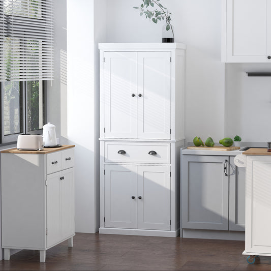 Freestanding Kitchen Cupboard, 184cm Tall Storage Cabinet with Doors and Shelves, Traditional Colonial 4-Door Kitchen Pantry Cupboard with Drawer, White