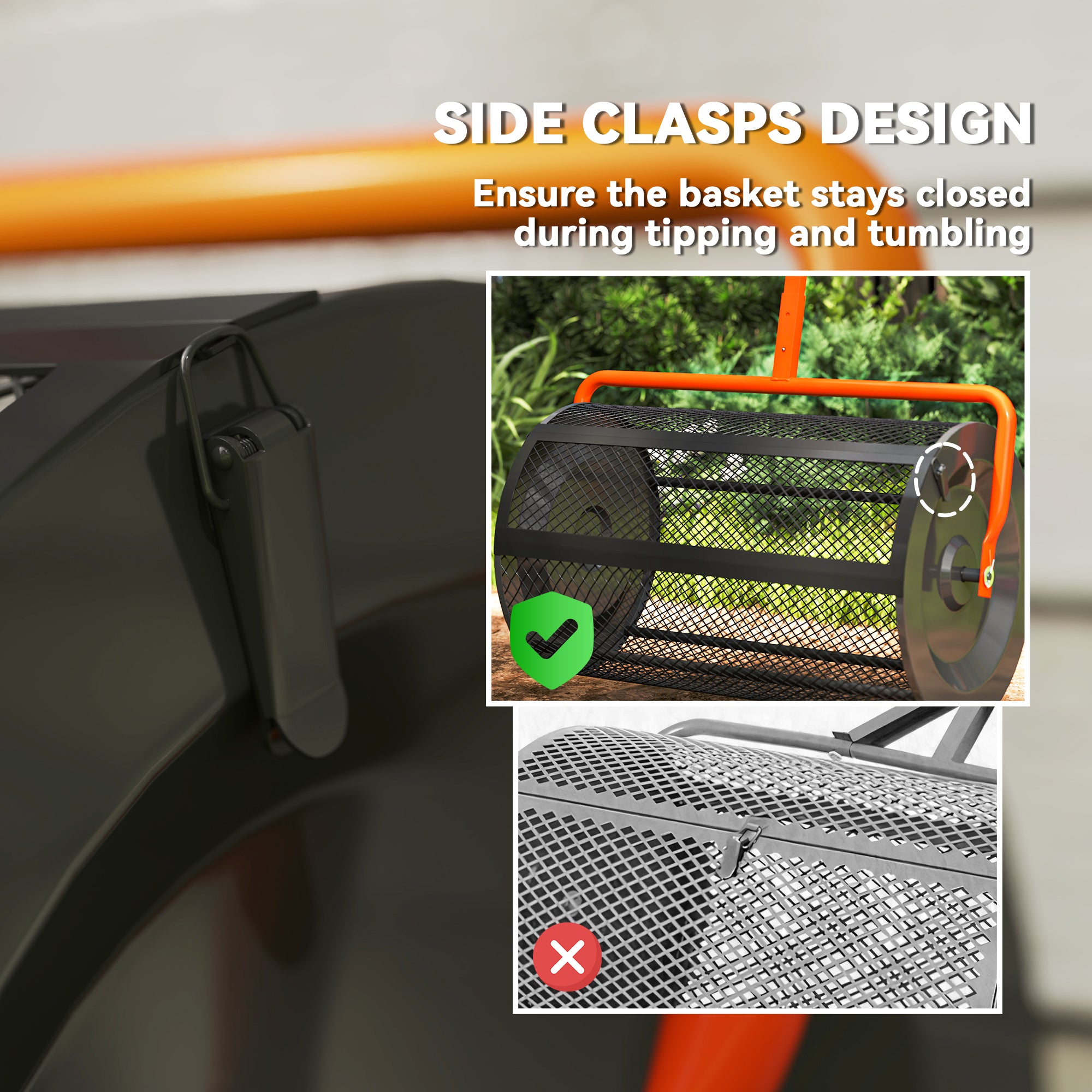 Compost Spreader, 24" Peat Moss Spreader with Height Adjustable T Shaped Handle and Metal Mesh Basket, Garden Spreader for Seeding, Spreading Manure, Orange