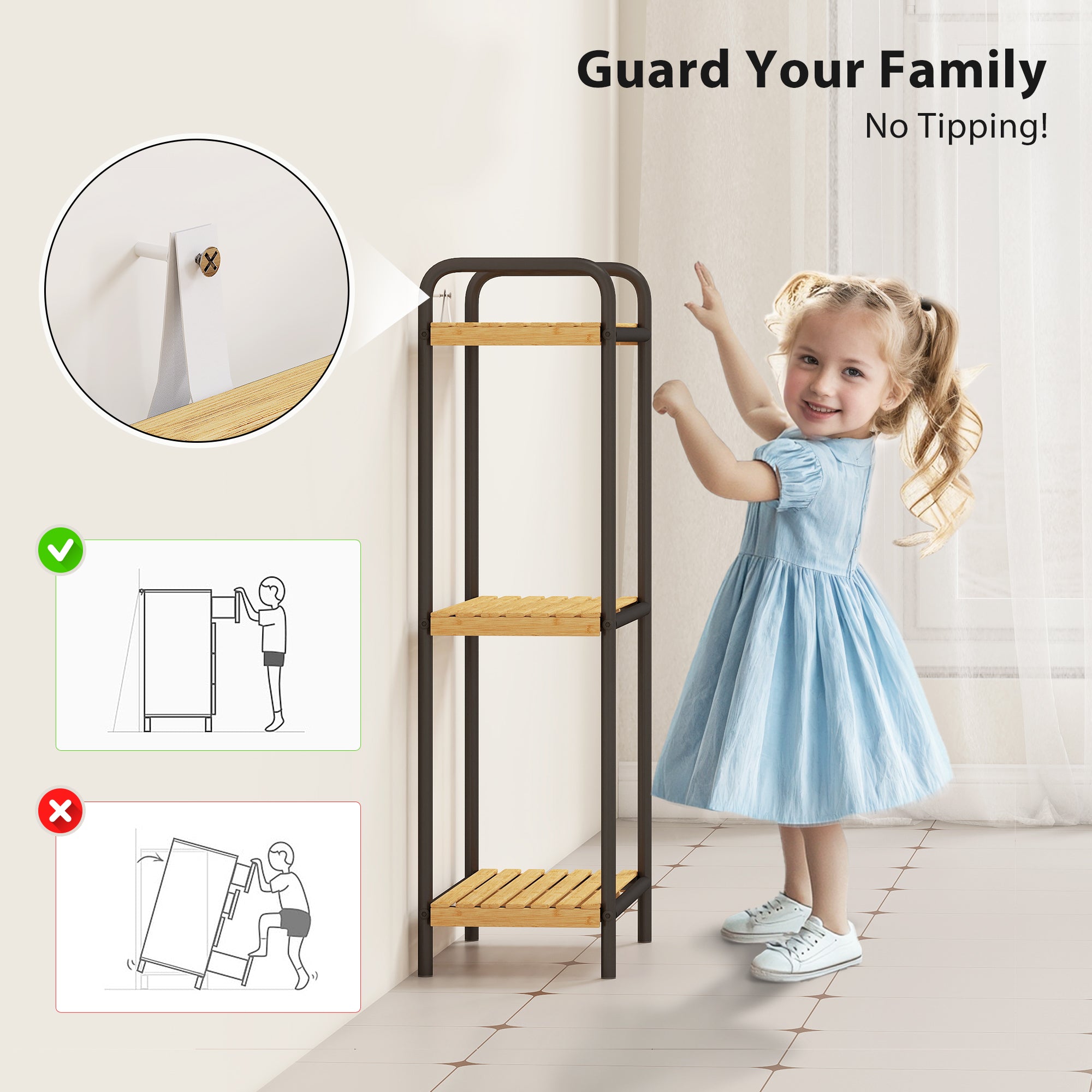 Fynco - 3-Tier Bamboo Bathroom Storage Shelf, Freestanding Narrow Shelving Unit with Slatted Shelves for Kitchen Bathroom Living Room, 41.5 x 21.5 x 77.5 cm, Natural and Black