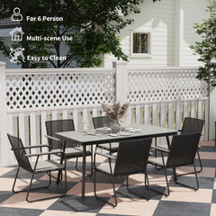 6 Seater Garden Dining Set with Soft Cushions, Rattan Backrest, Rectangular Plastic Top, Garden Furniture Set, Outdoor Dining Table and Chairs for Patio, Balcony, Poolside, Grey