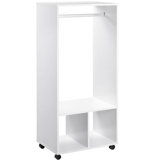 Open Wardrobe on Wheels, Bedroom Wardrobe with Clothes Hanging Rail, 2 Storage Shelves, Mobile Garment Rack for Cloakroom, Hallway, White