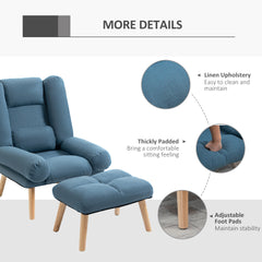 Armchair with Footstool, 180° Recliner with Ottoman, Accent Chair and Footstool with 3-Position Adjustable Backrest and Wooden Legs for Living Room, Blue