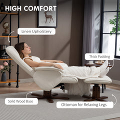 Fynco - Linen Swivel Recliner Chair with Footstool, Upholstered Reclining Armchair with Wooden Base for Living Room, Beige
