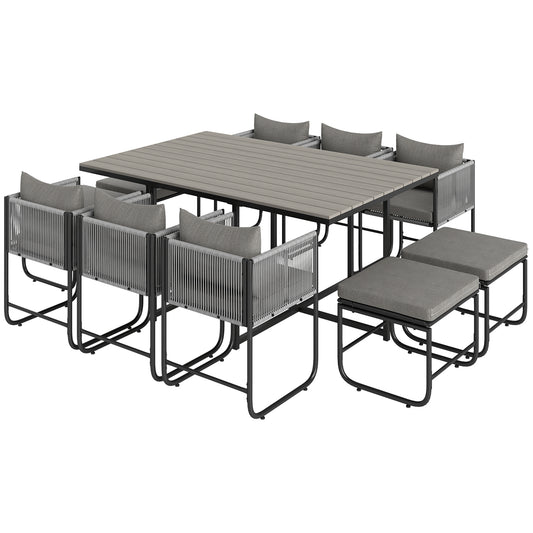 10 Seater Rattan Cube Garden Furniture Set, Rattan Dining Set with Cushions, Outdoor Dining Table and Chairs with 6 Armchairs, 4 Stools, Rectangular Wood Grain Plastic Top Table, Grey