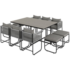 10 Seater Rattan Cube Garden Furniture Set, Rattan Dining Set with Cushions, Outdoor Dining Table and Chairs with 6 Armchairs, 4 Stools, Rectangular Wood Grain Plastic Top Table, Grey