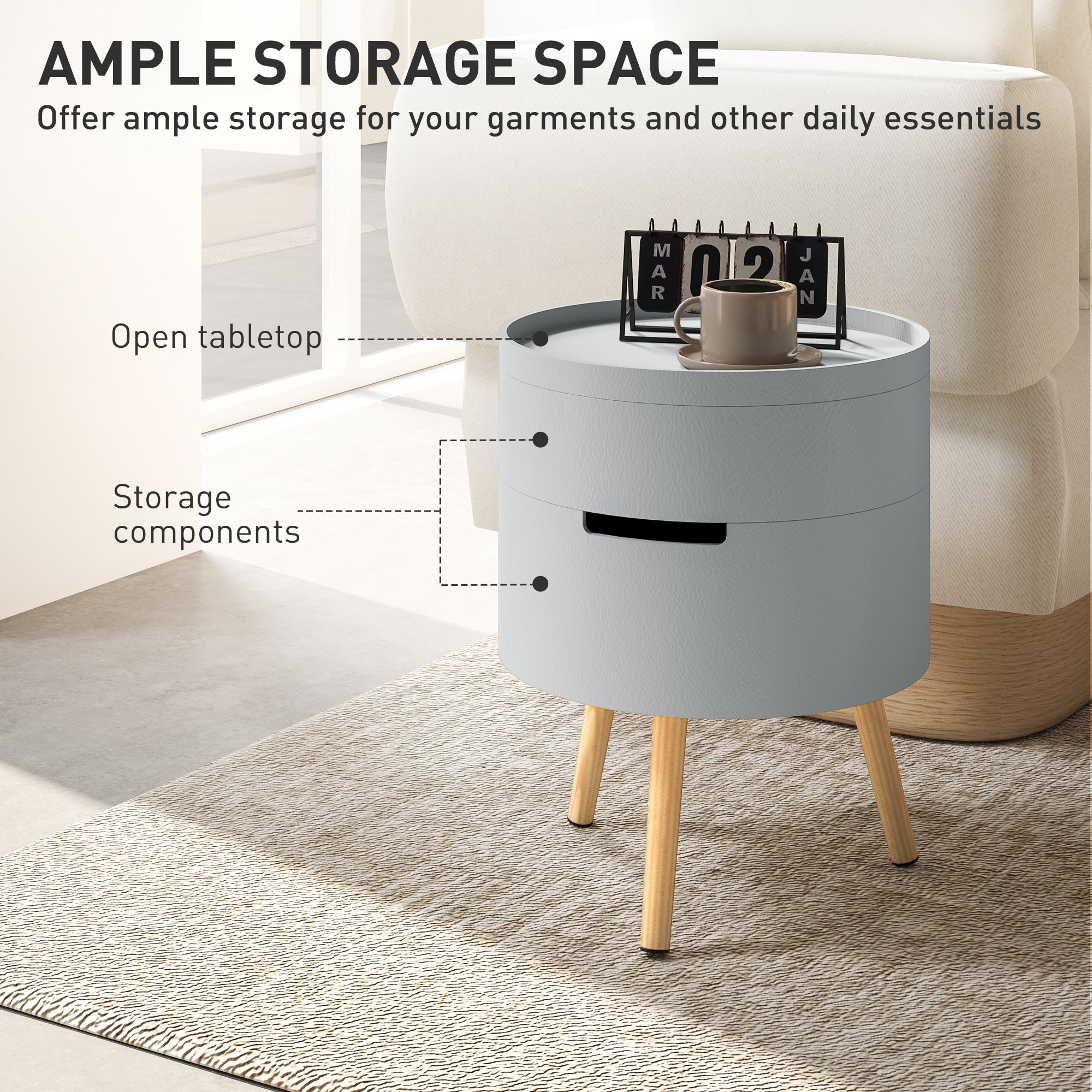 3-Tier Coffee Table, Round End Table with 2 Hidden Compartments and Detachable Tray, Side Table with Storage for Living Room, Grey