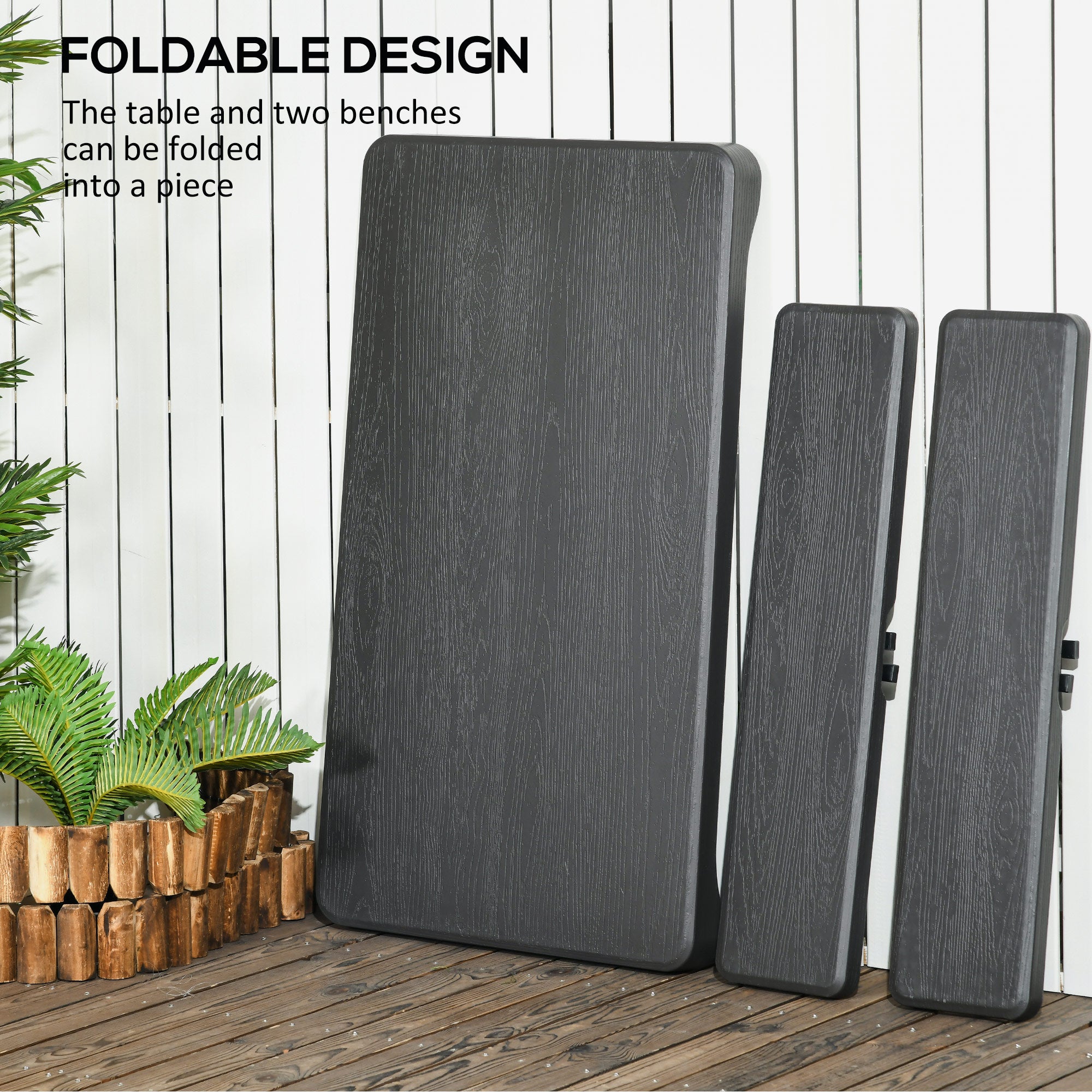 Folding Picnic Table with 2 Benches, 3-Piece Portable Garden Furniture Set for 4, Dining Table Set with Plastic Top, Steel Frame, Dark Grey